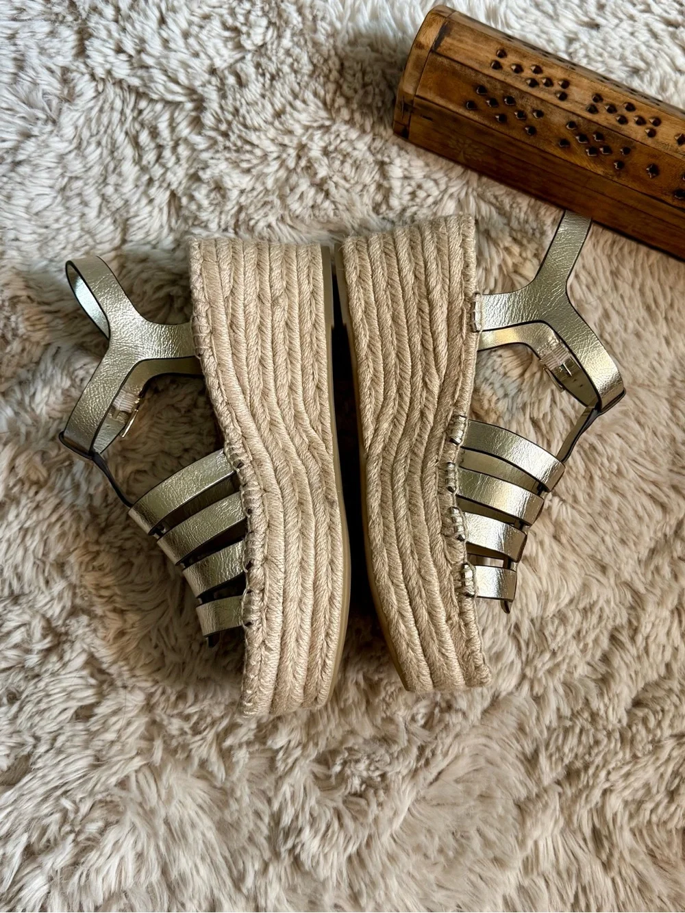 TORY BURCH Gold Metallic Leather platform espadrille wedge Fisherman Sandals